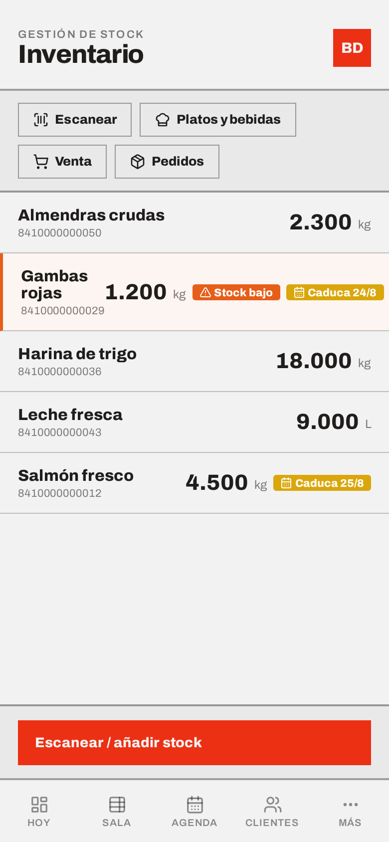 Pantalla de inventario de la app Bauxa, con aviso de stock bajo y caducidad de lote